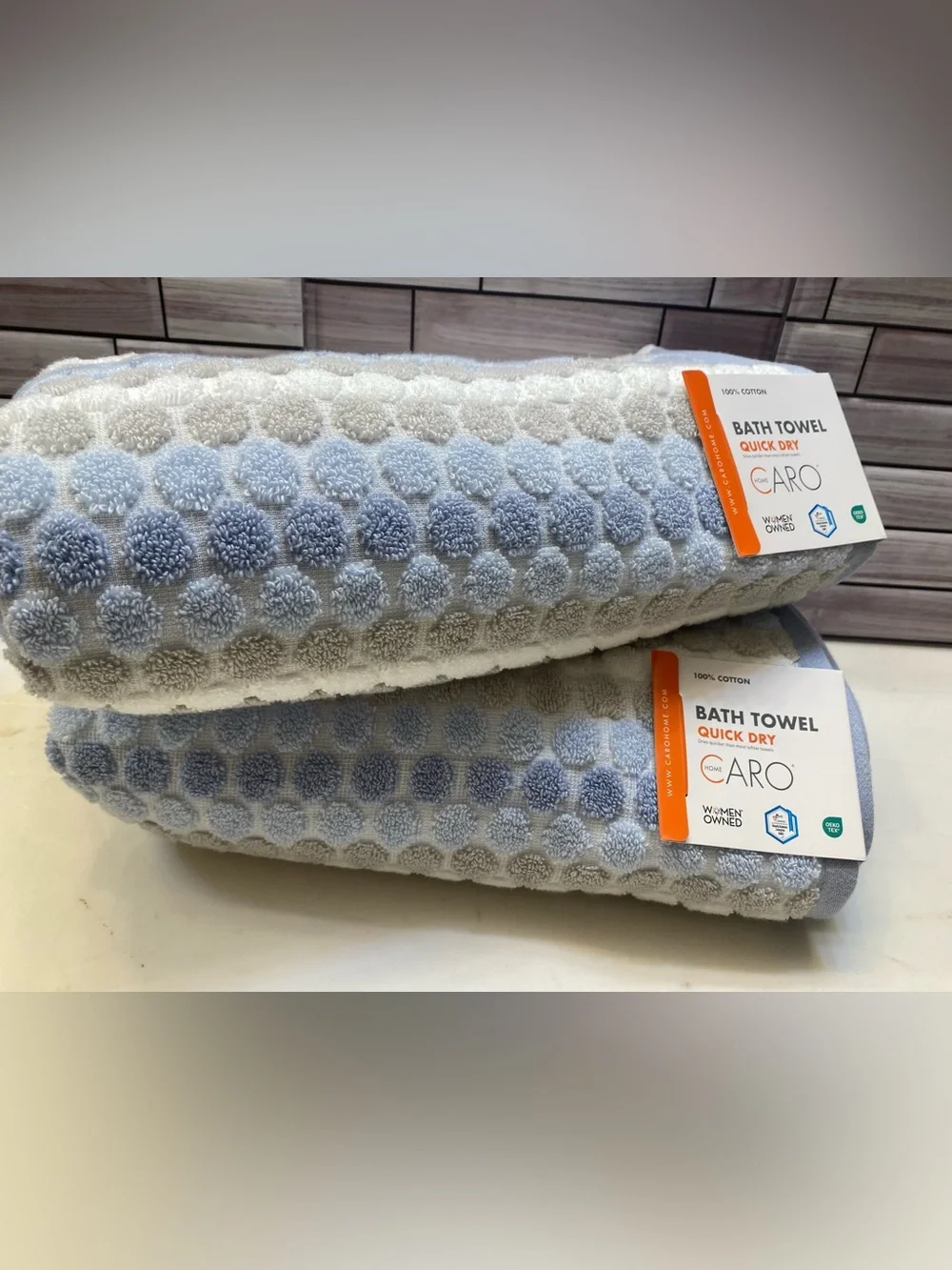 CARO home ❤️ Ultra soft 100% Cotton Dot/ Striped(2) Bath Towels Blue NWT